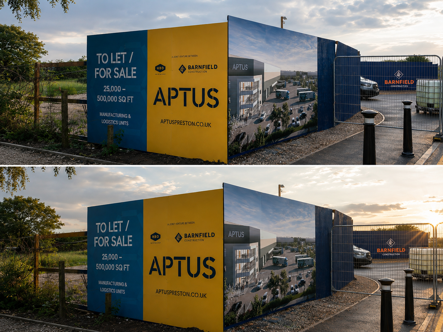 Printed dibond hoarding panels for Aptus development on Roman Way, Preston, with Barnfield and HBD branding